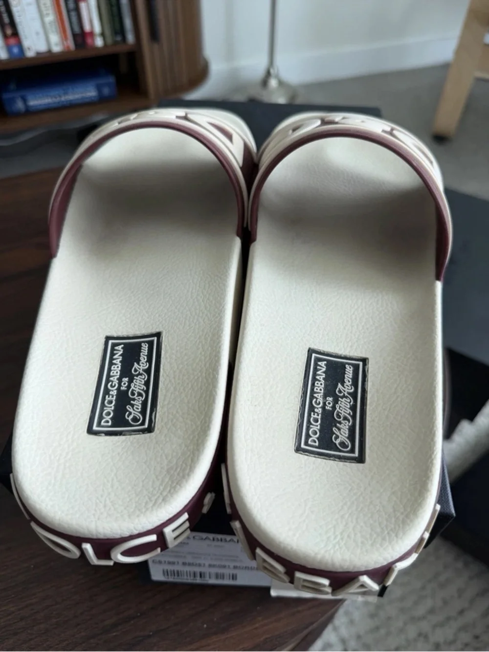 Dolce & Gabbana Cream and Burgundy D&G Logo Slide Sandals